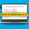 Ilustração de um notebook exibindo uma tela com o título “Código de segurança da CNH digital”, destacando o campo “Código de segurança” com um retângulo vermelho; ao centro, faixa amarela com o texto “Código de segurança da CNH” em letras pretas.