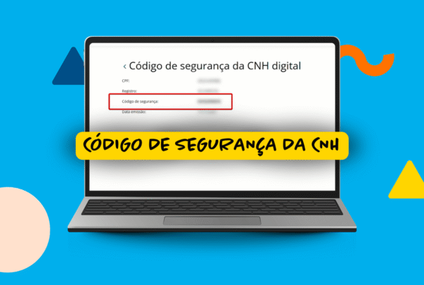 Ilustração de um notebook exibindo uma tela com o título “Código de segurança da CNH digital”, destacando o campo “Código de segurança” com um retângulo vermelho; ao centro, faixa amarela com o texto “Código de segurança da CNH” em letras pretas.