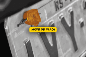 Imagem em preto e branco com destaque colorido em um lacre de placa laranja fixado na parte superior da placa veicular metálica, com foco informativo.