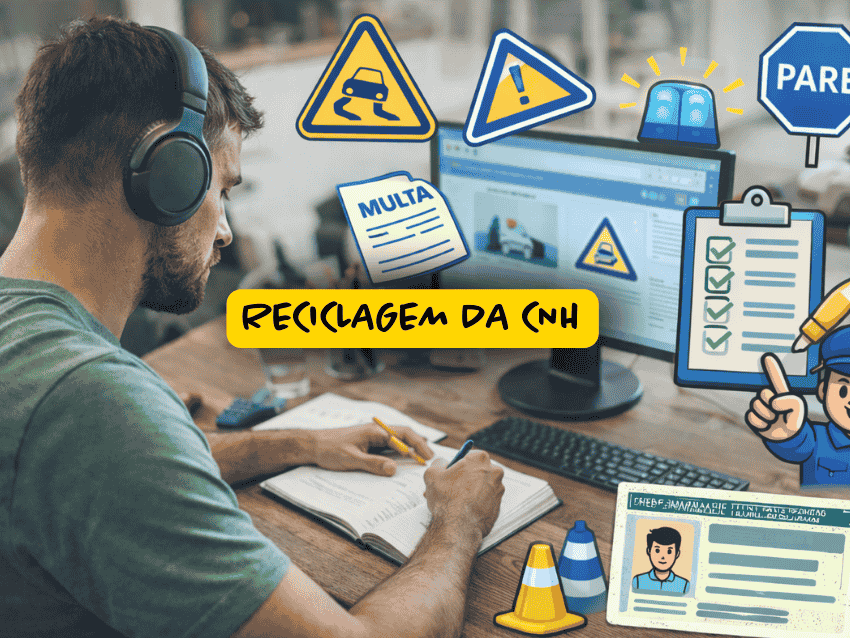 Homem estudando reciclagem da CNH em computador, usando fones de ouvido, com ícones de multa, sinais de trânsito e checklist, representando curso obrigatório após suspensão.