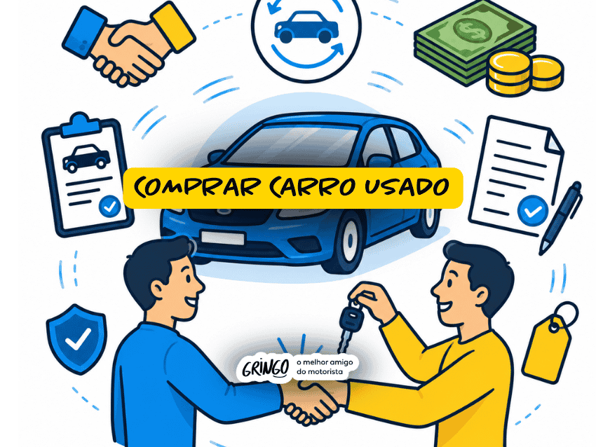 Ilustração sobre cuidados ao comprar carro usado, mostrando negociação entre comprador e vendedor, entrega de chave, documentos, dinheiro e checklist, representando segurança, vistoria e análise antes da compra do veículo.
