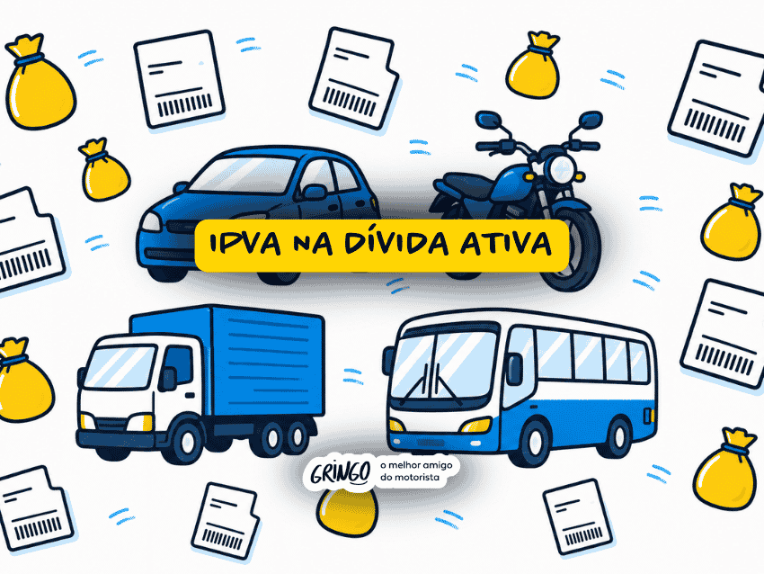 Ilustração sobre IPVA na dívida ativa com carro, moto, caminhão e ônibus cercados por documentos e sacos de dinheiro, representando débitos veiculares, cobrança fiscal e regularização de impostos atrasados.
