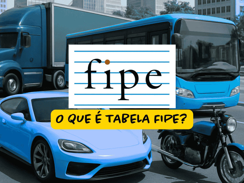 Imagem com veículos diversos: caminhão, ônibus, carro esportivo e moto, circulando em uma cidade. Ao centro, aparece o logotipo da Fipe sobre fundo branco, acompanhado da frase “O que é tabela Fipe?” em destaque amarelo. Ideal para ilustrar conteúdos sobre avaliação de preços de veículos com base na tabela Fipe.