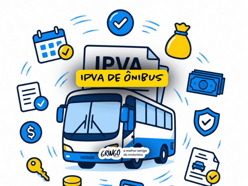 Ilustração sobre IPVA de ônibus com veículo rodoviário centralizado, documento de imposto, dinheiro, calendário e ícones financeiros, representando pagamento, regularização e obrigações fiscais do transporte coletivo.