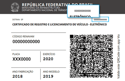 Imagem de um CRLV eletrônico destacando a localização do código CRV no canto superior direito do documento. O certificado mostra dados do veículo, QR Code e campos como RENAVAM, placa e ano.