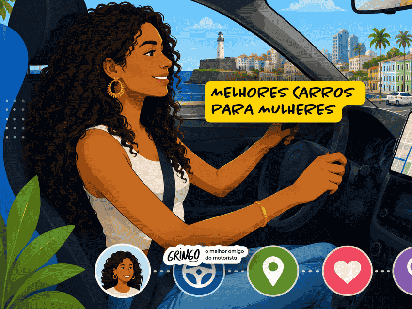 Ilustração de uma mulher de cabelos cacheados dirigindo por uma avenida com vista para o Farol da Barra, em Salvador. A imagem destaca a busca pelos melhores carros para mulheres, associando conforto, segurança e mobilidade no dia a dia.