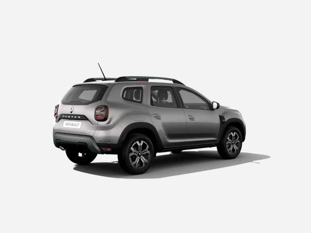 Renault Duster cinza em fundo branco, exibida em perspectiva traseira para destacar o amplo espaço interno, a altura elevada e o estilo de SUV. A imagem apresenta o modelo como uma opção entre os melhores carros para mulheres, oferecendo conforto, segurança e versatilidade para diferentes trajetos.