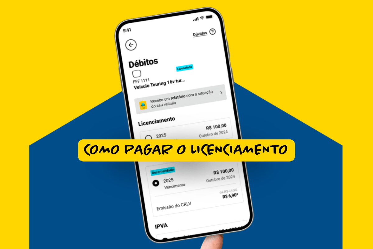 Tela de smartphone exibindo aplicativo com débitos veiculares e valor do licenciamento 2025, sobre fundo azul e amarelo, com destaque para a frase "Como pagar o licenciamento", indicando instruções digitais de pagamento.