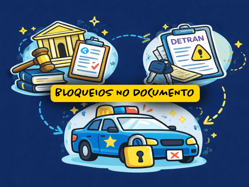 Ilustração sobre bloqueio no documento de veículo mostrando tribunal com martelo judicial, documentos do DETRAN com alerta e viatura policial com cadeado, representando restrições administrativas, judiciais ou policiais no registro do veículo.