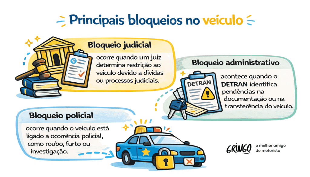 Infográfico explicativo sobre bloqueio de veículo mostrando três tipos: bloqueio judicial, administrativo do DETRAN e policial. A imagem usa ilustrações de tribunal, documentos, viatura e cadeado para representar restrições legais e administrativas.