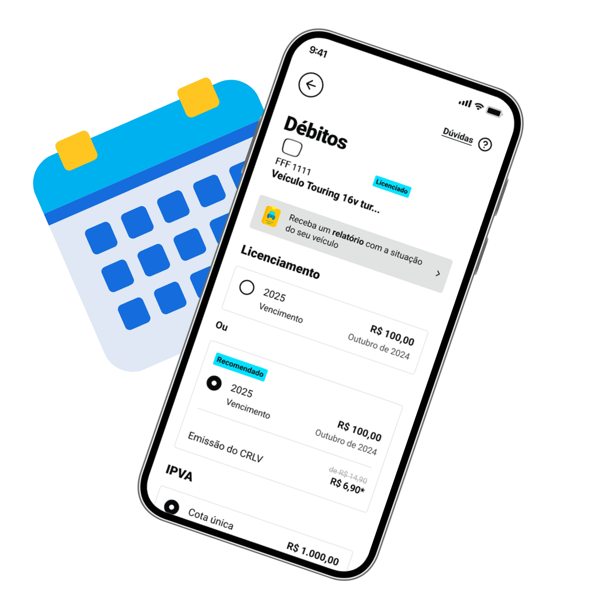Imagem exibindo vencimentos do licenciamento 2025 na tela de um celular. Atrás do celular, há a ilustração de um calendário.
