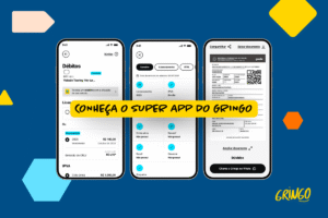 Telas de smartphone exibem funcionalidades do app Gringo para consulta e pagamento de débitos veiculares, com fundo azul e elementos gráficos coloridos.