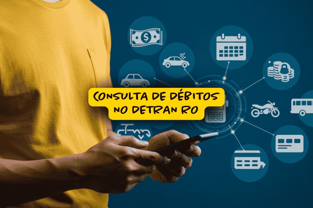Pessoa manuseando celular com gráficos e ícones de transporte, dinheiro e calendário ao fundo, simbolizando a consulta de débitos no Detran RO de forma digital e acessível.