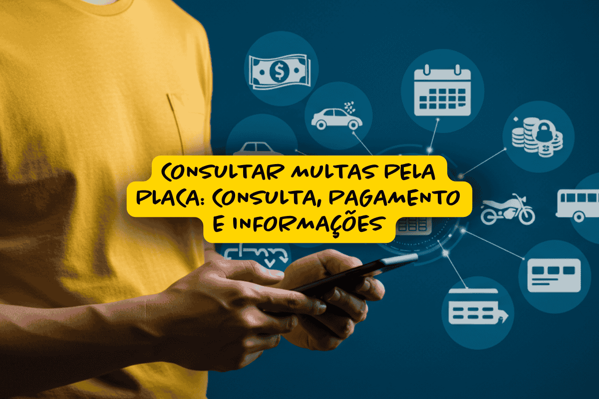 Imagem de um homem ao consultar multas pela placa usando um celular.