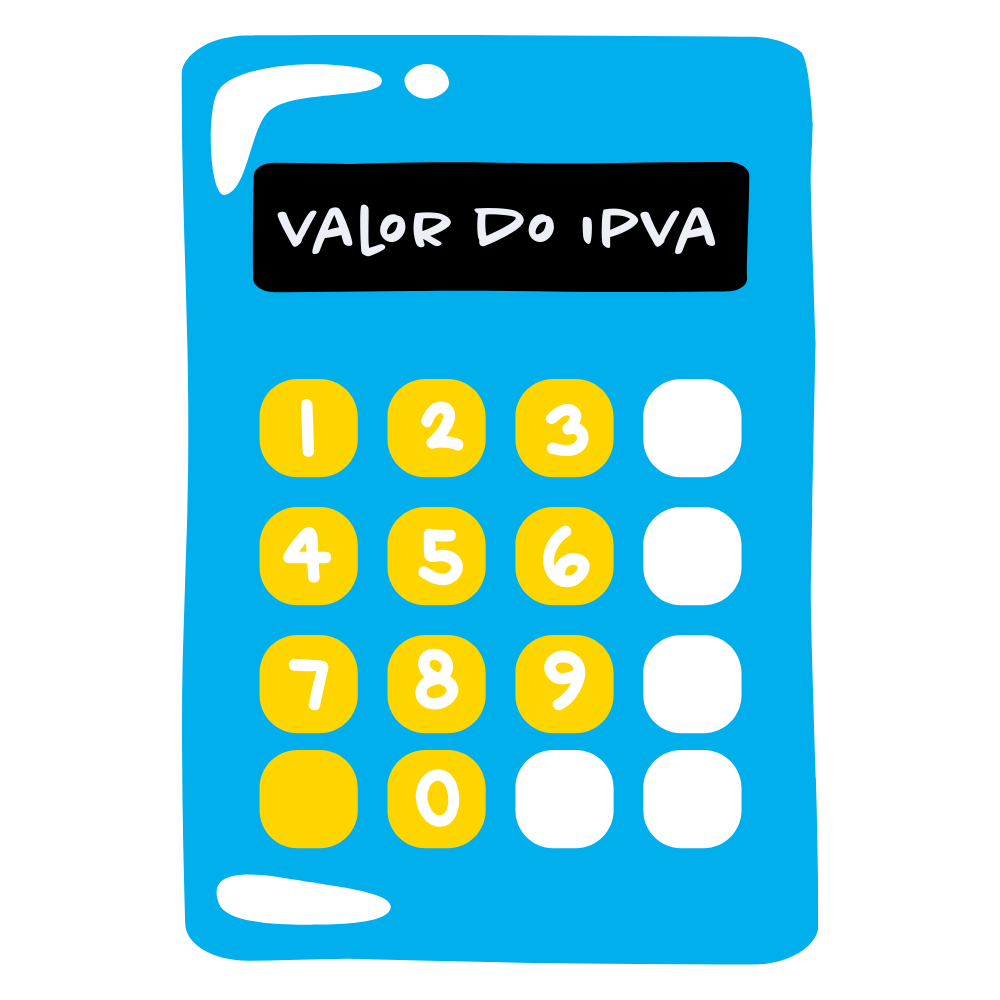 Ilustração de uma calculadora azul com teclas amarelas e brancas, exibindo na tela a frase "Valor do IPVA", representando o cálculo do imposto veicular de forma visual e didática.