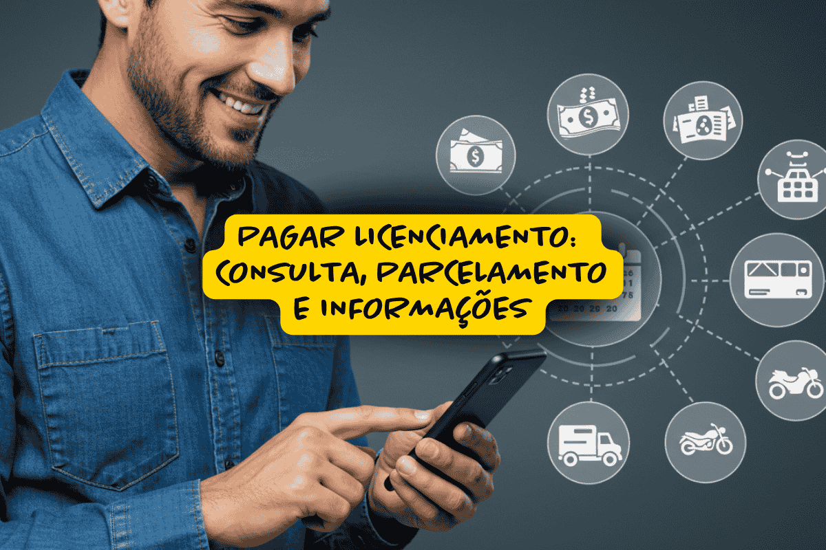 Fotografia de um homem com camisa social e expressão sorridente. Ele está a pagar o licenciamento pelo celular, ao redor dele tem ícones gráficos de dinheiro, carro, moto, calendário etc. Sobreposto na imagem tem um título que diz: Pagar Licenciamento: consulta, parcelamento e informações