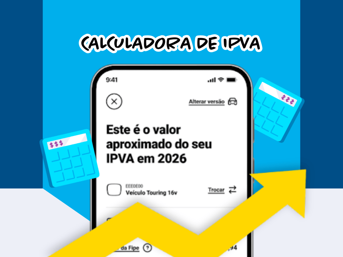 Imagem ilustrativa de uma calculadora de IPVA exibida em um smartphone, com a frase “Este é o valor aproximado do seu IPVA em 2026”, ao lado de ícones de calculadora e uma seta amarela apontando para cima, indicando aumento de valor.