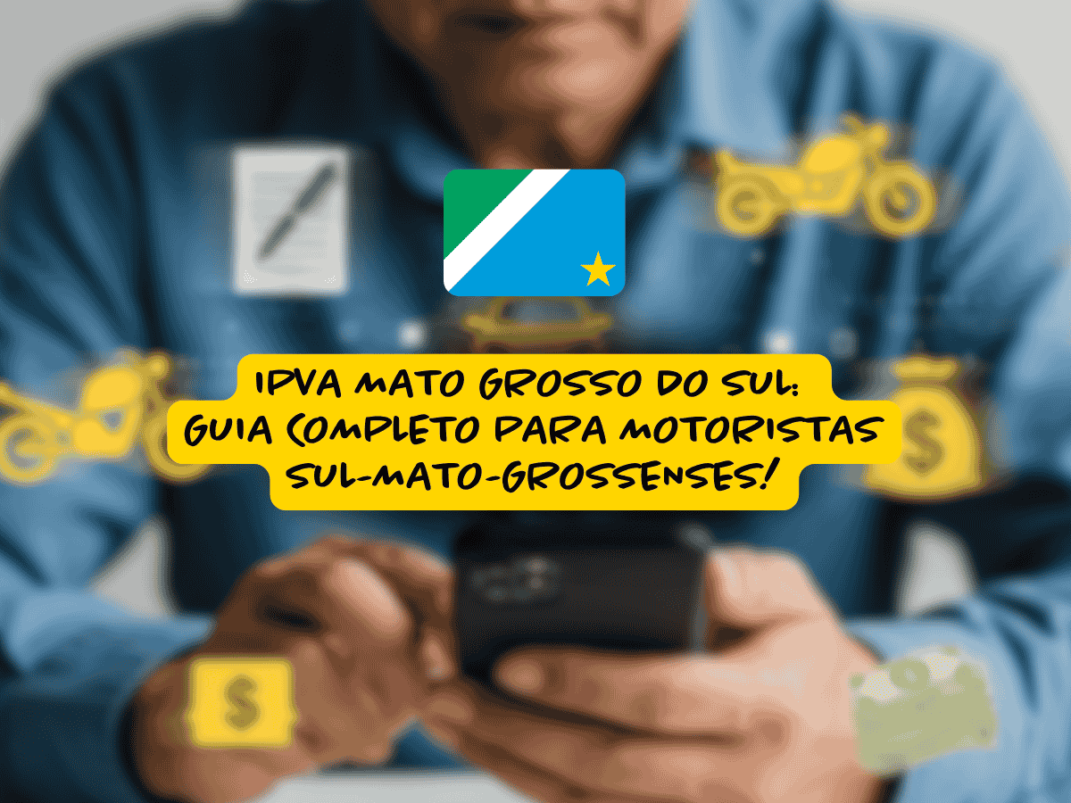 Homem segurando um celular, cercado por ícones de motos, dinheiro e documentos; no centro da imagem está a bandeira do Mato Grosso do Sul e o texto “IPVA Mato Grosso do Sul: guia completo para motoristas sul-mato-grossenses!”.