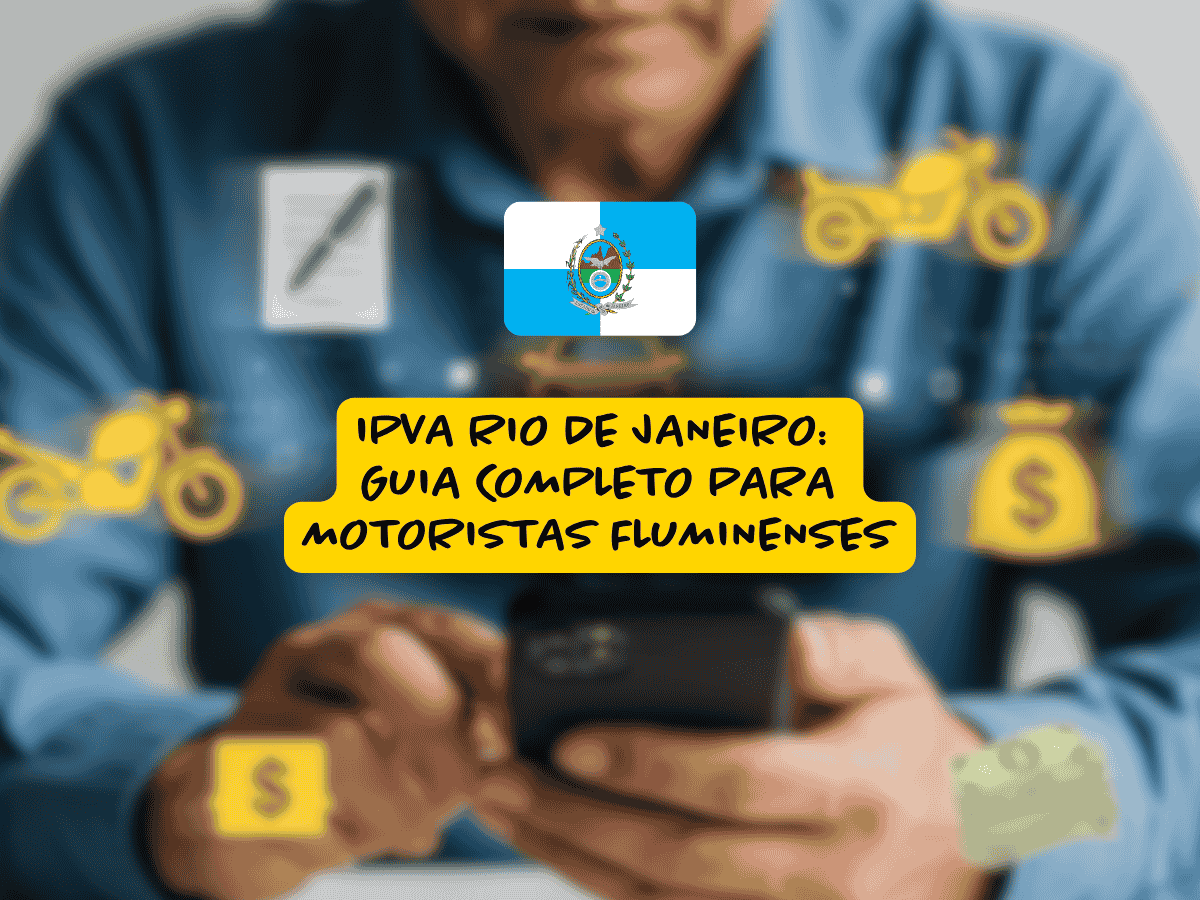 Homem usando celular em primeiro plano, com ícones amarelos de motos, dinheiro e documentos ao fundo desfocado, e bandeira do Rio de Janeiro acima da frase “IPVA Rio de Janeiro: guia completo para motoristas fluminenses”.