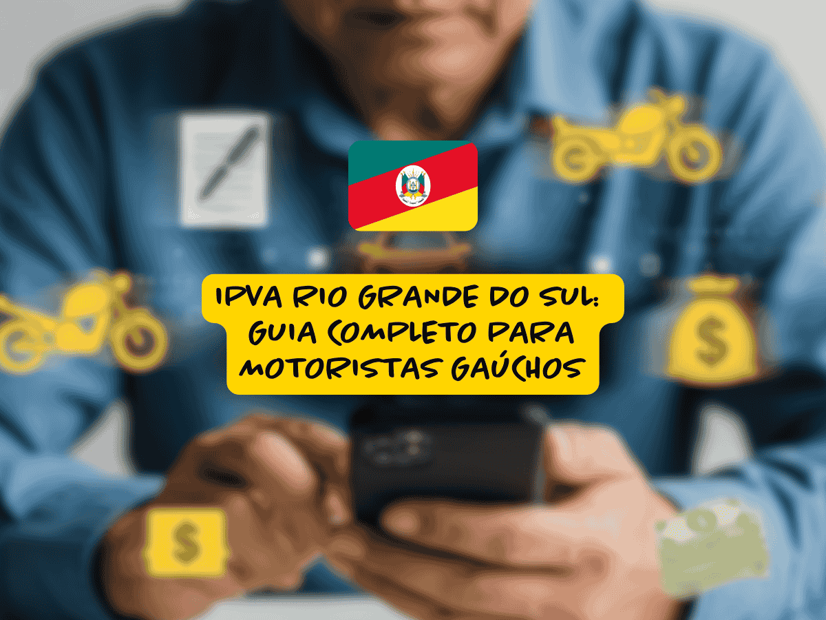 Homem com camisa azul segurando celular, rodeado por ícones amarelos de motos, dinheiro e documentos, com a bandeira do Rio Grande do Sul acima do texto “IPVA Rio Grande do Sul: guia completo para motoristas gaúchos”.