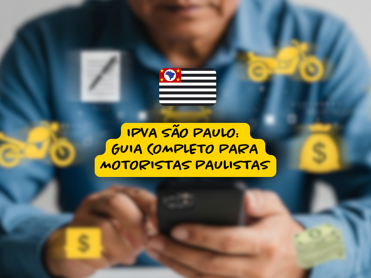 Homem com camisa azul usando celular, ao fundo ícones amarelos de moto, dinheiro e documentos, com destaque para a frase "IPVA São Paulo: guia completo para motoristas paulistas" sob a bandeira do estado.