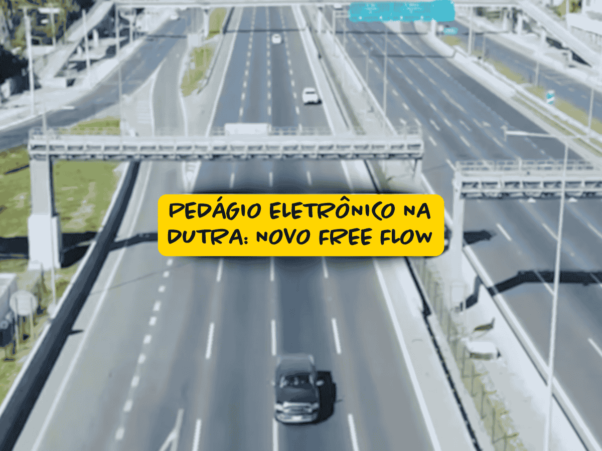 Vista aérea de rodovia com faixas largas e estruturas de pórticos eletrônicos para cobrança automática; destaque para a frase “Pedágio eletrônico na Dutra: novo free flow” em caixa amarela no centro da imagem.