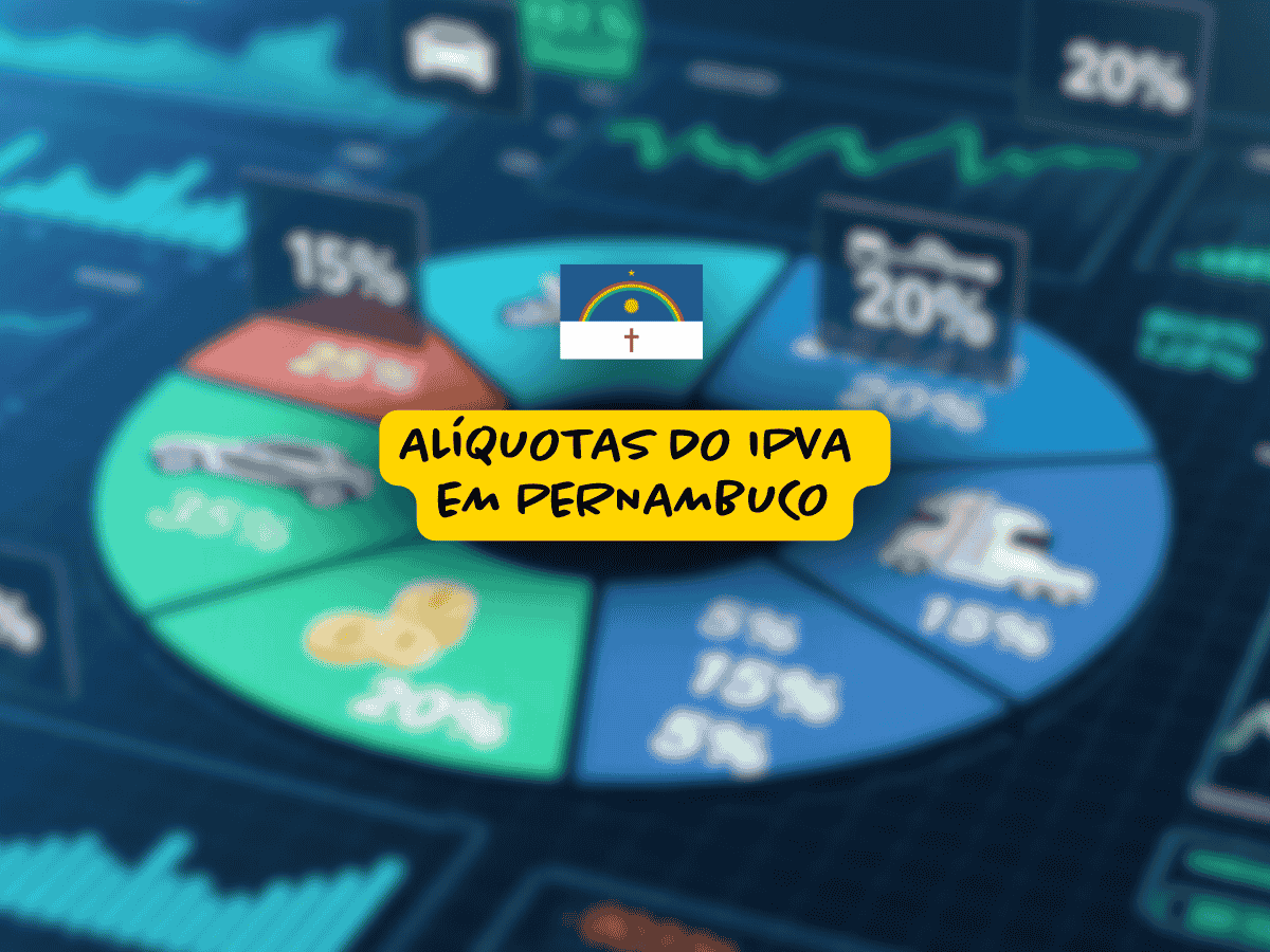 Gráfico ilustrativo com setores coloridos e dados percentuais, com o texto “Alíquotas do IPVA em Pernambuco” ao centro e a bandeira do estado sobre fundo de painel digital.