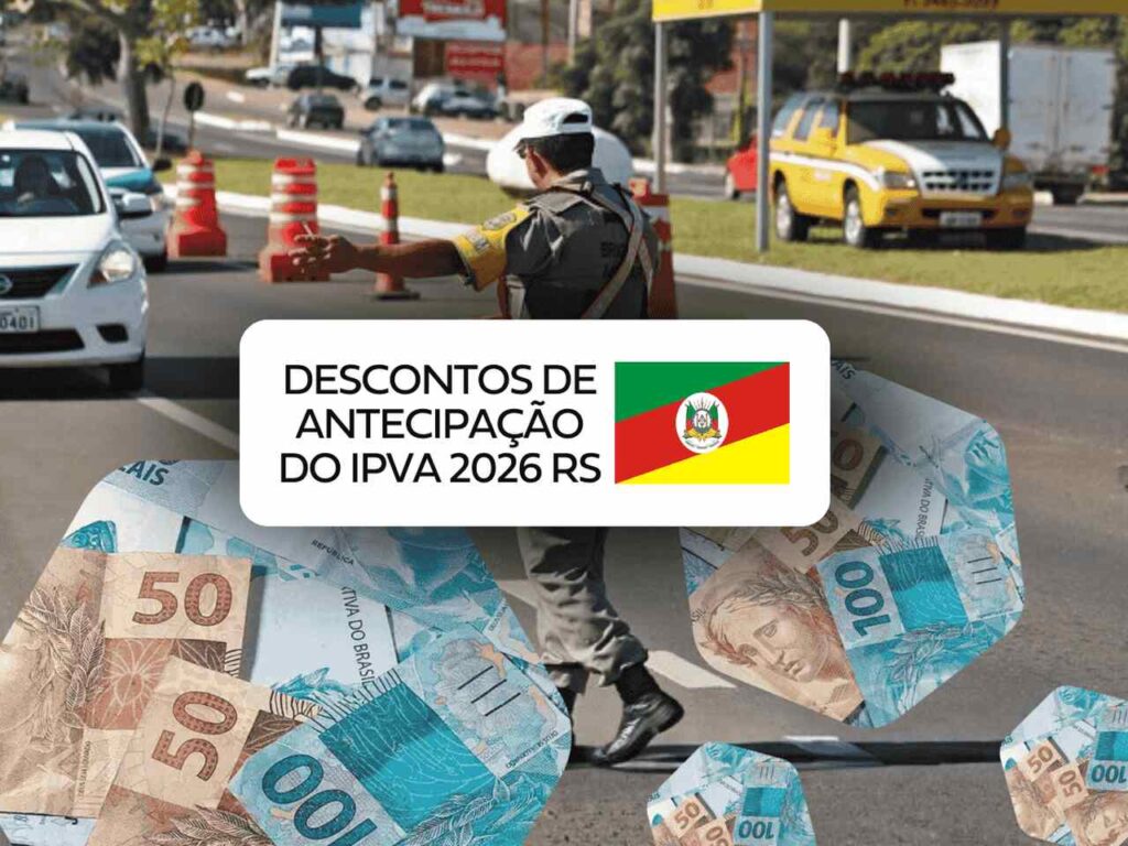 Imagem ilustrativa sobre os descontos de antecipação do IPVA 2026 RS, com guarda de trânsito sinalizando veículos, bandeira do Rio Grande do Sul e cédulas de dinheiro em destaque no primeiro plano.