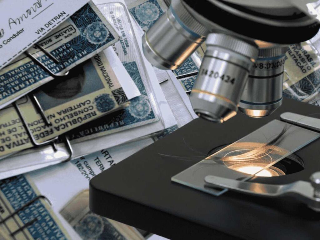 Imagem mostra um microscópio examinando fios de cabelo sobre lâmina de vidro, com várias carteiras de motorista (CNH) ao fundo, representando o processo de exame toxicológico exigido para renovação da habilitação no Brasil.