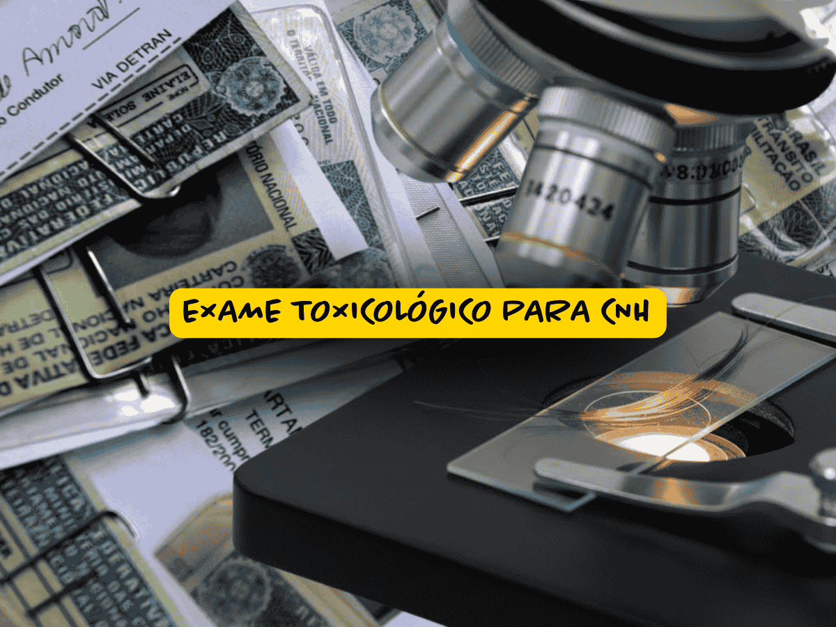 Microscópio analisando amostra de cabelo sobre lâmina, ao lado de várias carteiras de habilitação brasileiras (CNH), ilustrando exame toxicológico obrigatório para motoristas. Texto “Exame toxicológico para CNH” em destaque sobre fundo amarelo.