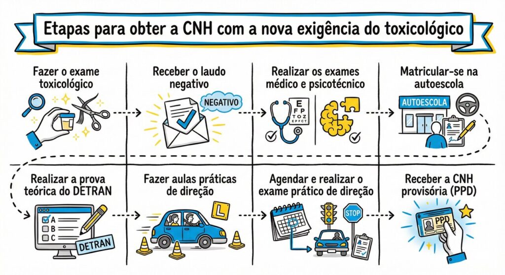 Infográfico colorido com ilustrações explicando as etapas para obter a CNH com a nova exigência do exame toxicológico, incluindo exame de drogas, laudo negativo, exames médicos, matrícula na autoescola, prova teórica, aulas práticas, exame prático e recebimento da CNH provisória.