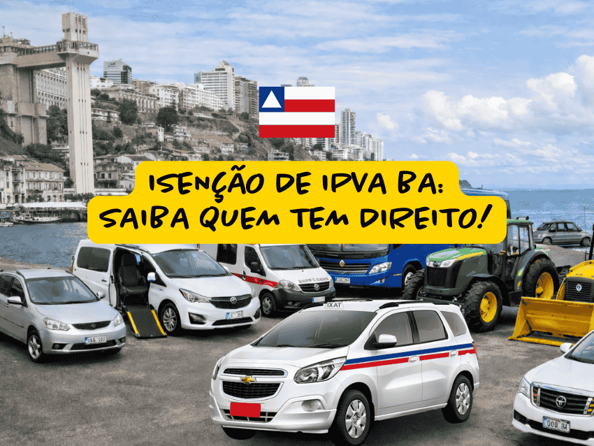Isenção de IPVA BA ilustrada com diversos veículos como carro adaptado para cadeirante, ambulância, ônibus, trator e automóveis estacionados na orla de Salvador, com prédios e Elevador Lacerda ao fundo.