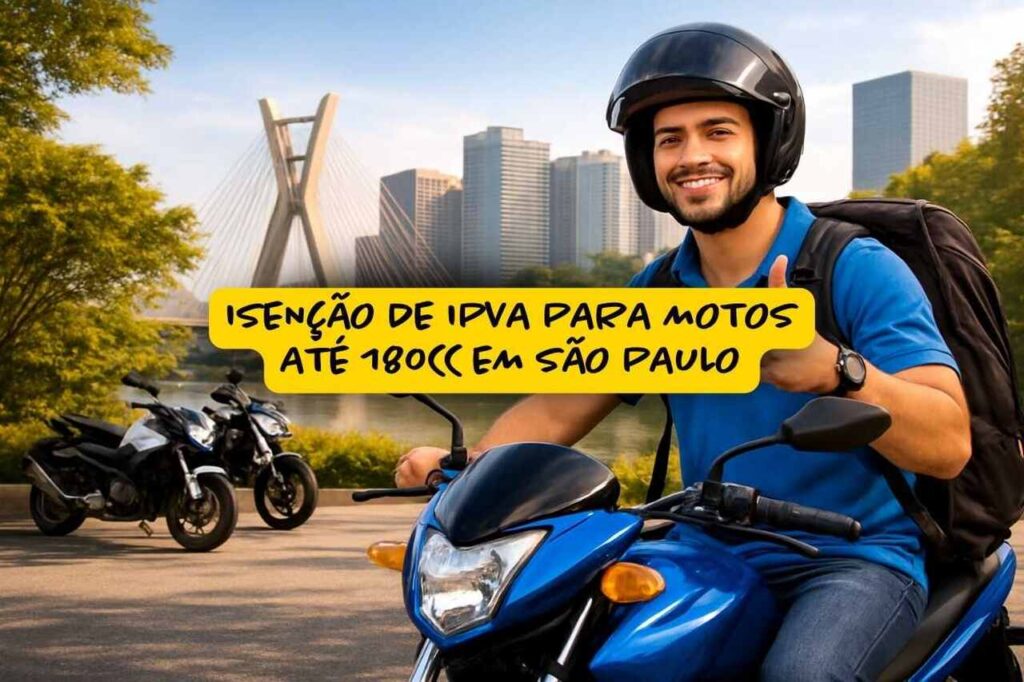 Motociclista sorridente usando capacete e mochila faz sinal de positivo enquanto pilota moto azul em São Paulo, com a Ponte Estaiada e prédios ao fundo; faixa amarela destaca mensagem sobre isenção de IPVA para motos até 180cc no estado.