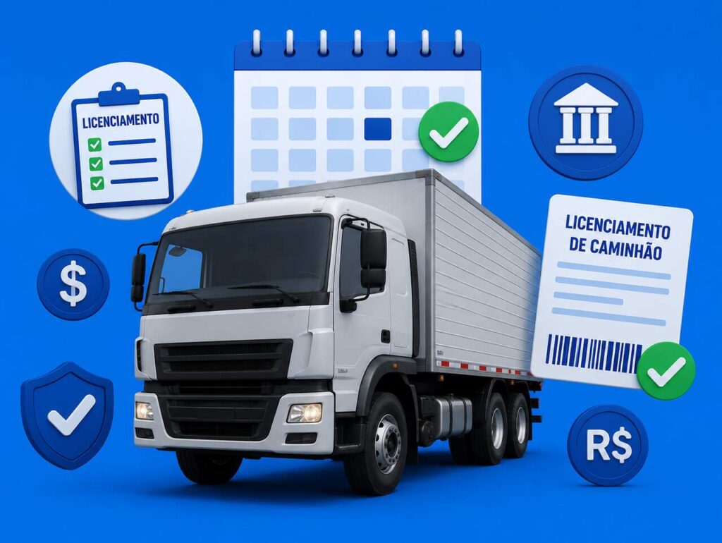 Ilustração de um caminhão de carga cercado por calendário, documentos, símbolos de pagamento e ícones de regularização. A imagem representa o licenciamento de caminhão e destaca a importância de manter a documentação em dia para garantir a circulação dentro das exigências legais.