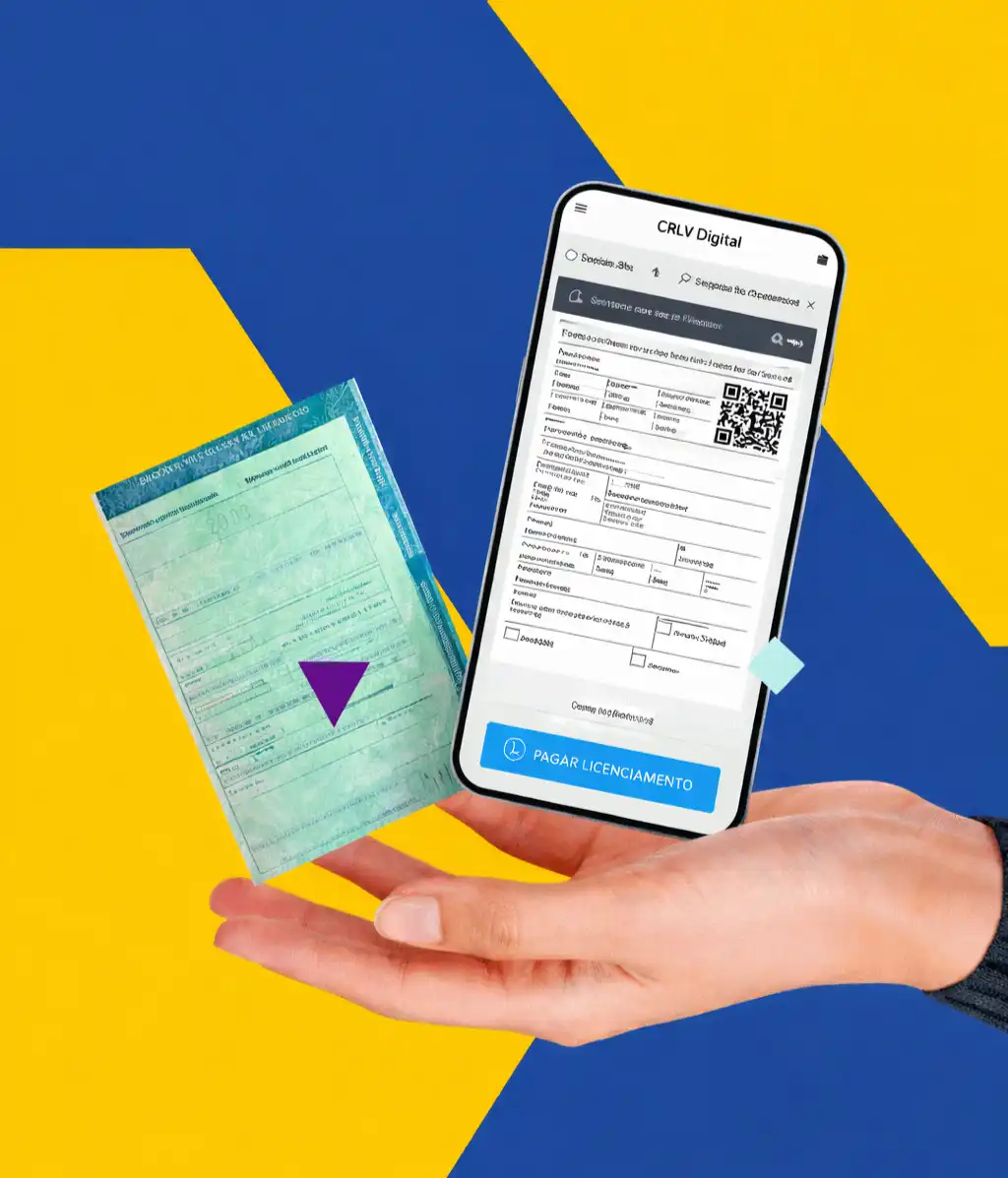 Pessoa segurando um celular exibindo um documento digital de licenciamento de veículo, ao lado de uma dcoumento impreso tradicional, com fundo azul e amarelo.