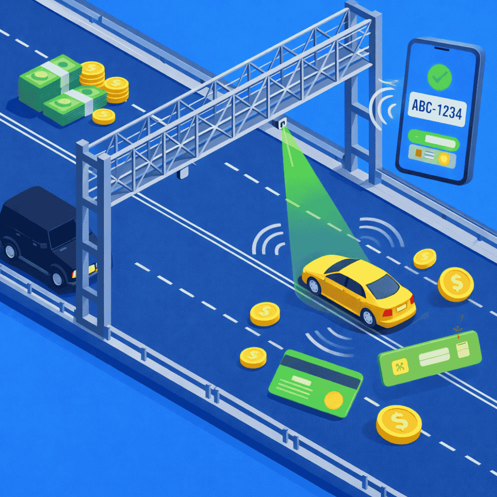 Ilustração de rodovia com pórtico free flow identificando carro amarelo por sensor, moedas e cartão ao redor e aplicativo para pagar pedágio eletrônico free flow exibindo placa e confirmação de pagamento no celular.