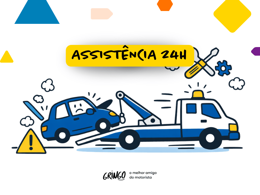 Ilustração de assistência 24h mostrando carro quebrado sendo guinchado por reboque, com motorista preocupado, ícones de ferramentas e alerta, representando serviço emergencial para veículos disponível a qualquer momento.