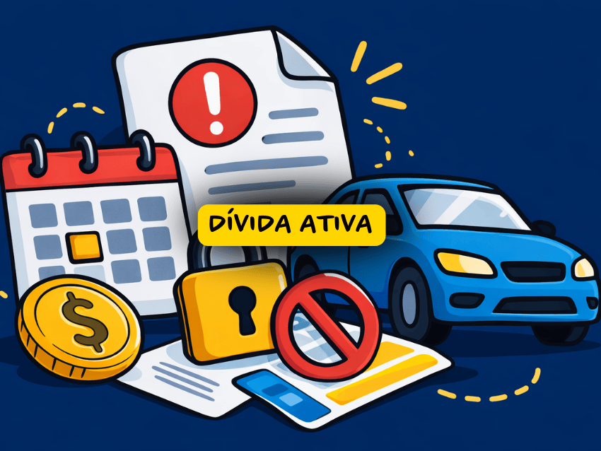 Ilustração sobre dívida ativa mostrando carro azul ao lado de calendário, documento de cobrança, moeda e cadeado. A imagem simboliza débitos de IPVA, multas e taxas que podem gerar bloqueio ou restrições no veículo.