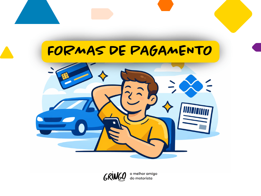 Ilustração sobre formas de pagamento super app do gringo mostrando usuário sorrindo com celular, carro ao fundo, cartão de crédito, boleto e ícones digitais, representando diferentes opções práticas para pagar débitos veiculares.