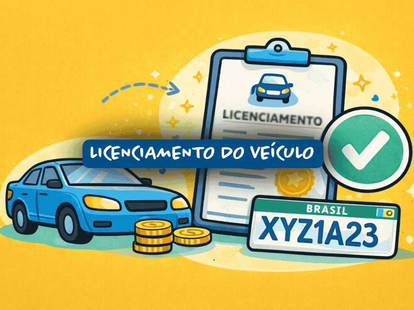 Ilustração sobre licenciamento do veículo mostrando carro azul, documento de licenciamento em prancheta, placa brasileira e moedas. Um símbolo de verificação indica regularização após pagamento de taxas e débitos obrigatórios.