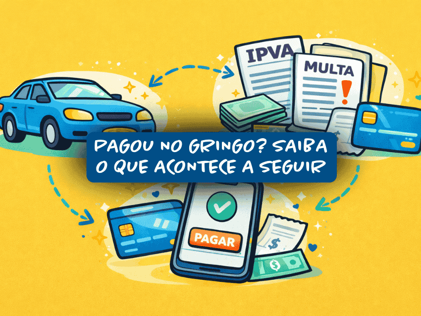 Ilustração sobre pagamento de IPVA mostrando carro, documentos de IPVA e multa, cartões e celular com botão pagar. A imagem explica o que acontece após pagar débitos veiculares pelo aplicativo Gringo.