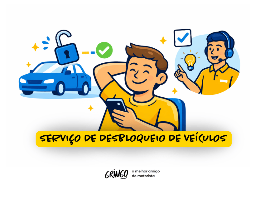 Ilustração sobre desbloqueio de veículos mostrando motorista satisfeito usando celular, carro com cadeado aberto e ícones de verificação, além de atendente com headset, representando suporte e regularização de restrições no veículo.