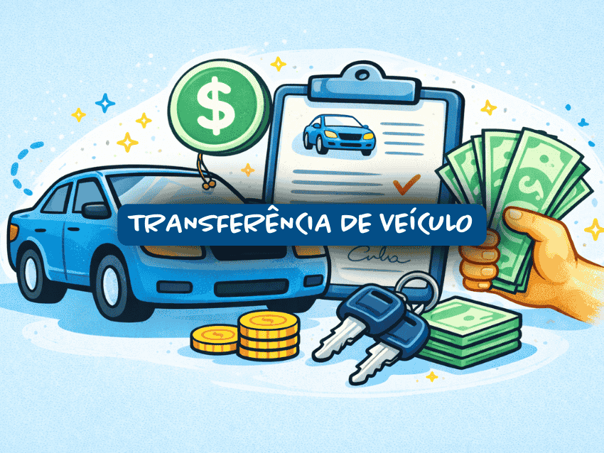 Ilustração sobre transferência de veículo mostrando carro azul, documento de transferência em prancheta, chaves do carro, moedas e dinheiro na mão, representando processo de compra, venda e regularização da propriedade do automóvel.