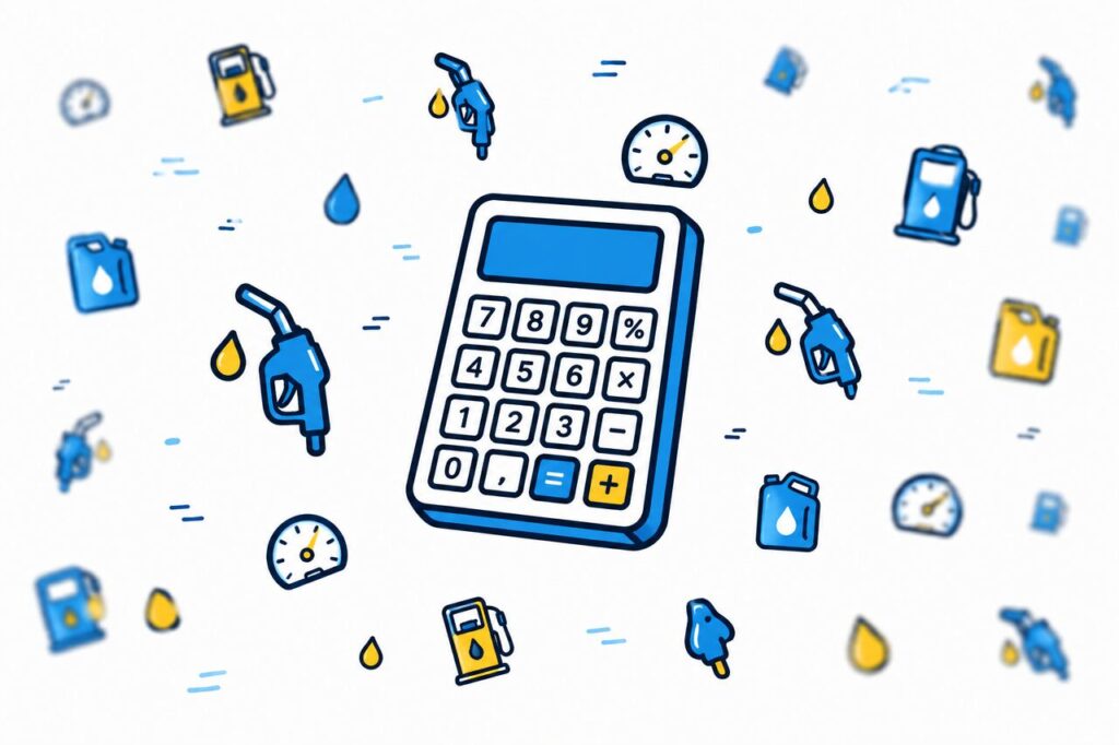 Ilustração representando a calculadora de gasolina: ao centro, uma calculadora, e ao redor tem ícones de gasolina, abastecimento, galão de gasolina etc.