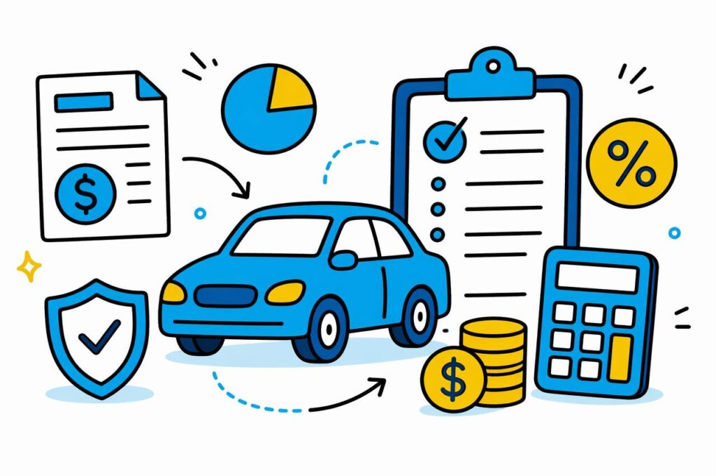 Ilustração de carro azul cercado por ícones financeiros como calculadora, moedas, gráfico e checklist, representando cotação e benefícios de seguro automóvel, com elementos de proteção, economia e planejamento financeiro.
