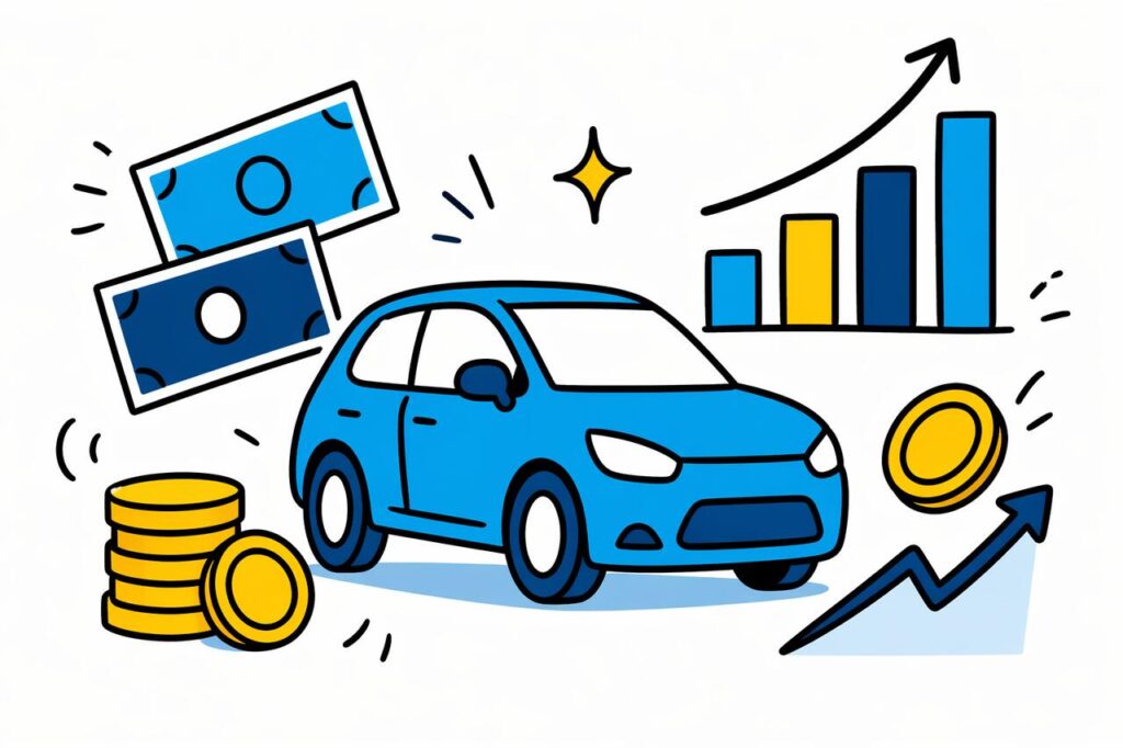 Ilustração de um carro azul cercado por moedas, cédulas e gráficos de crescimento, representando impostos em carros no Brasil, custos financeiros, valorização e impacto econômico na compra e manutenção de veículos.