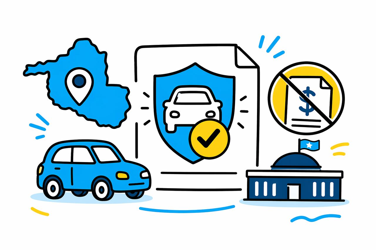 Ilustração de isenção IPVA RO com carro azul, mapa de Rondônia com localização, documento com escudo e símbolo de aprovação, além de ícones de imposto riscado e prédio governamental representando benefício fiscal automotivo.