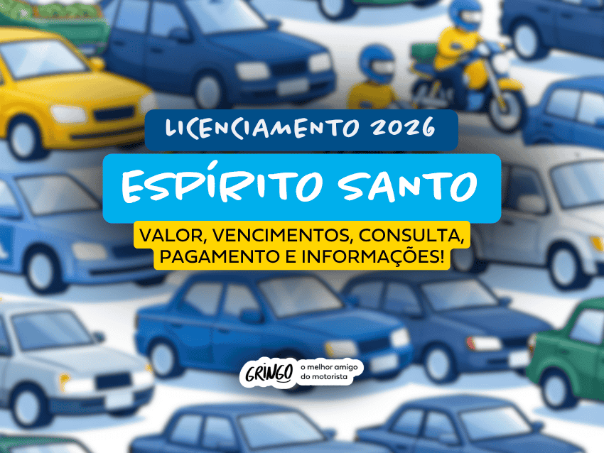 Ilustração com vários carros, motos, caminhões e ônibus coloridos ao fundo, em estilo desenho, destacando o título que diz “Licenciamento 2026 ESPÍRITO SANTO”, acompanhado de “Valor, vencimentos, consulta, pagamento e informações!”.