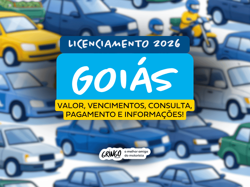 Ilustração com vários carros, motos, caminhões e ônibus coloridos ao fundo, em estilo desenho, destacando o título que diz “Licenciamento 2026 GOIÁS”, acompanhado de “Valor, vencimentos, consulta, pagamento e informações!”.