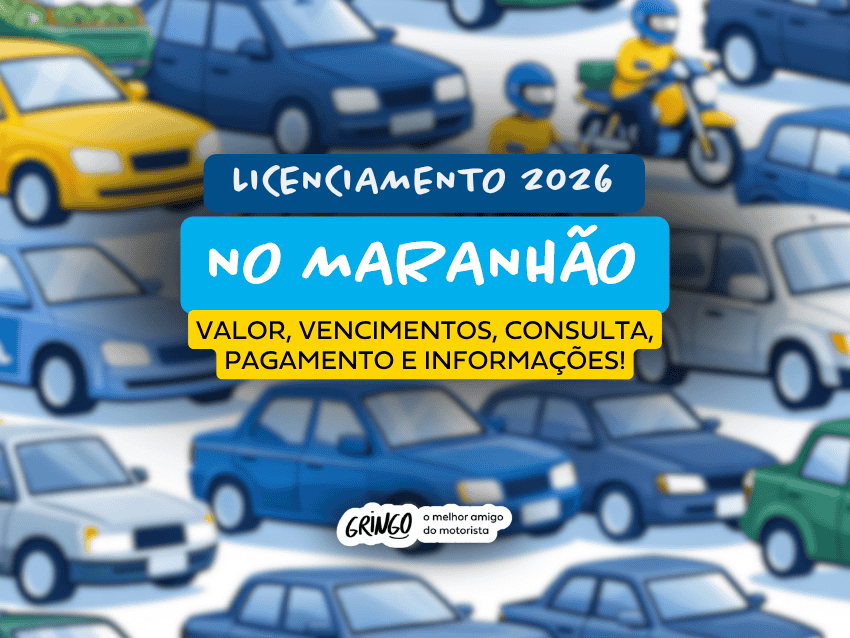 Ilustração com vários carros, motos, caminhões e ônibus coloridos ao fundo, em estilo desenho, destacando o título que diz “Licenciamento 2026 NO MARANHÃO”, acompanhado de “Valor, vencimentos, consulta, pagamento e informações!”.